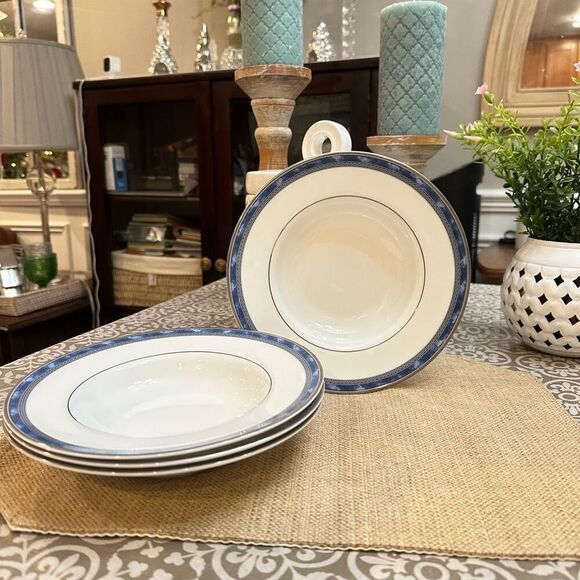 Royal Doulton Fine Bone China 4 Pc Soup Bowl Set Blue Silver Greek - Picture 2 of 8